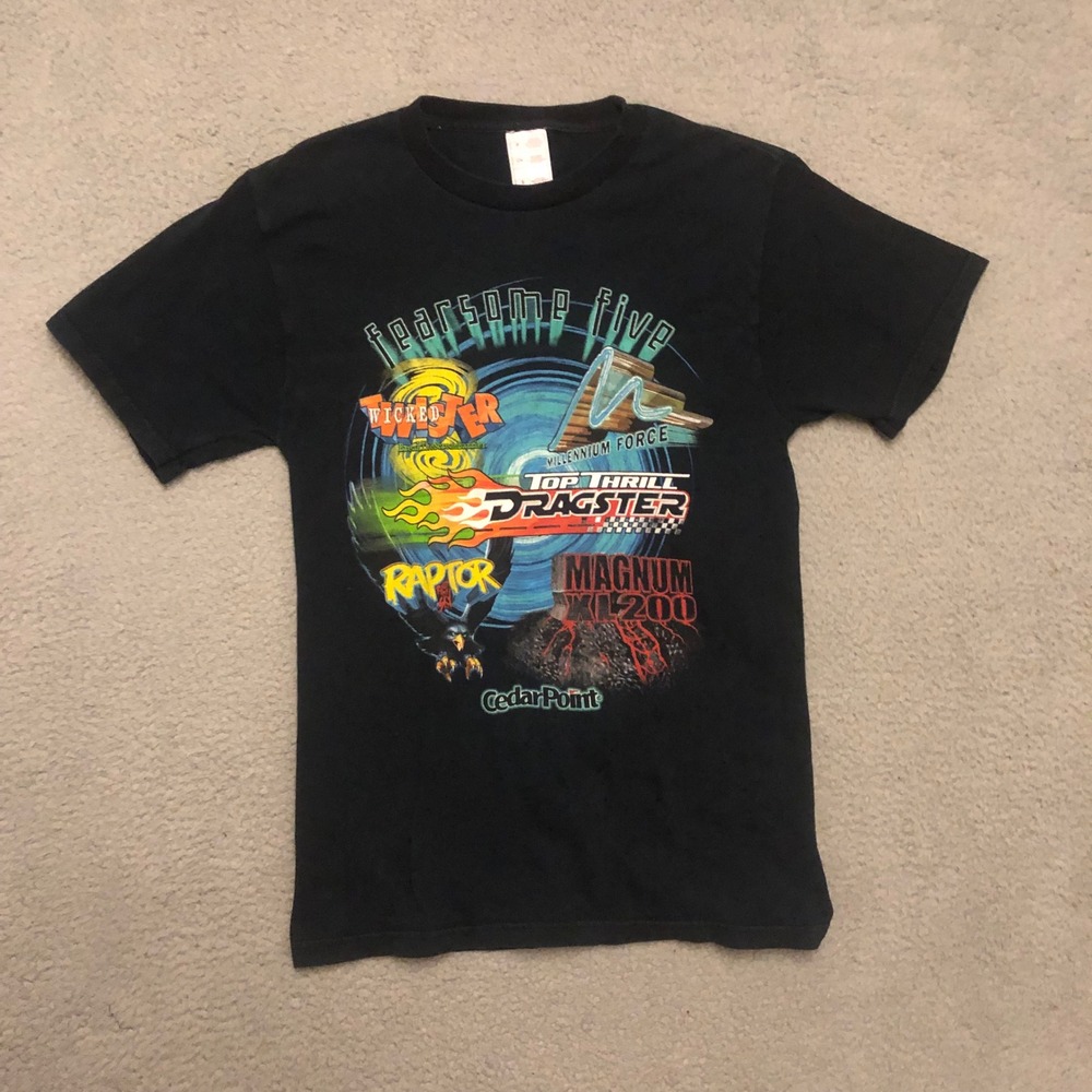 VTG Cedar Point Fearsome Five Roller Coaster T Shirt Black Small Dragster